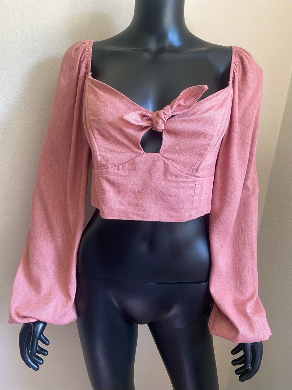 ALTAR’D STATE Women's Rose Dust Tie-Front Long Sleeve Crop Top